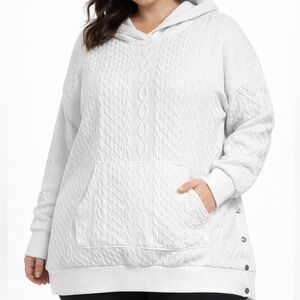White Cable Knit Textured Hoodie 4XL Oversized Side Button Pullover